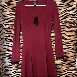Hot Topic Wine Red Long-Sleeve Lace-Trim Fit-and-Flare Dress